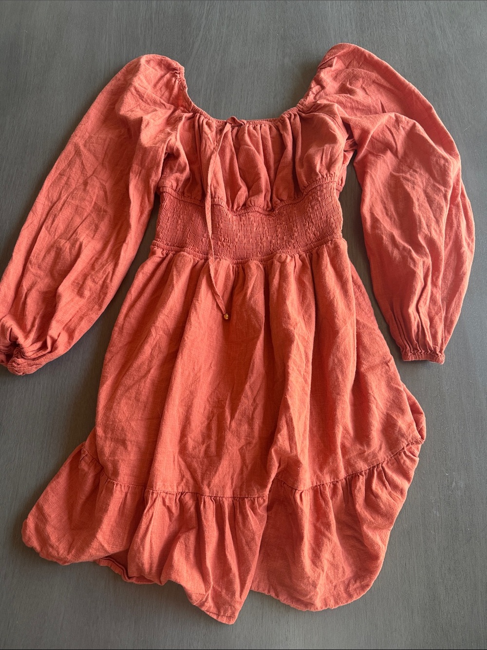 Rust Midi Peasant Dress with Smocked Waist - Unbranded
